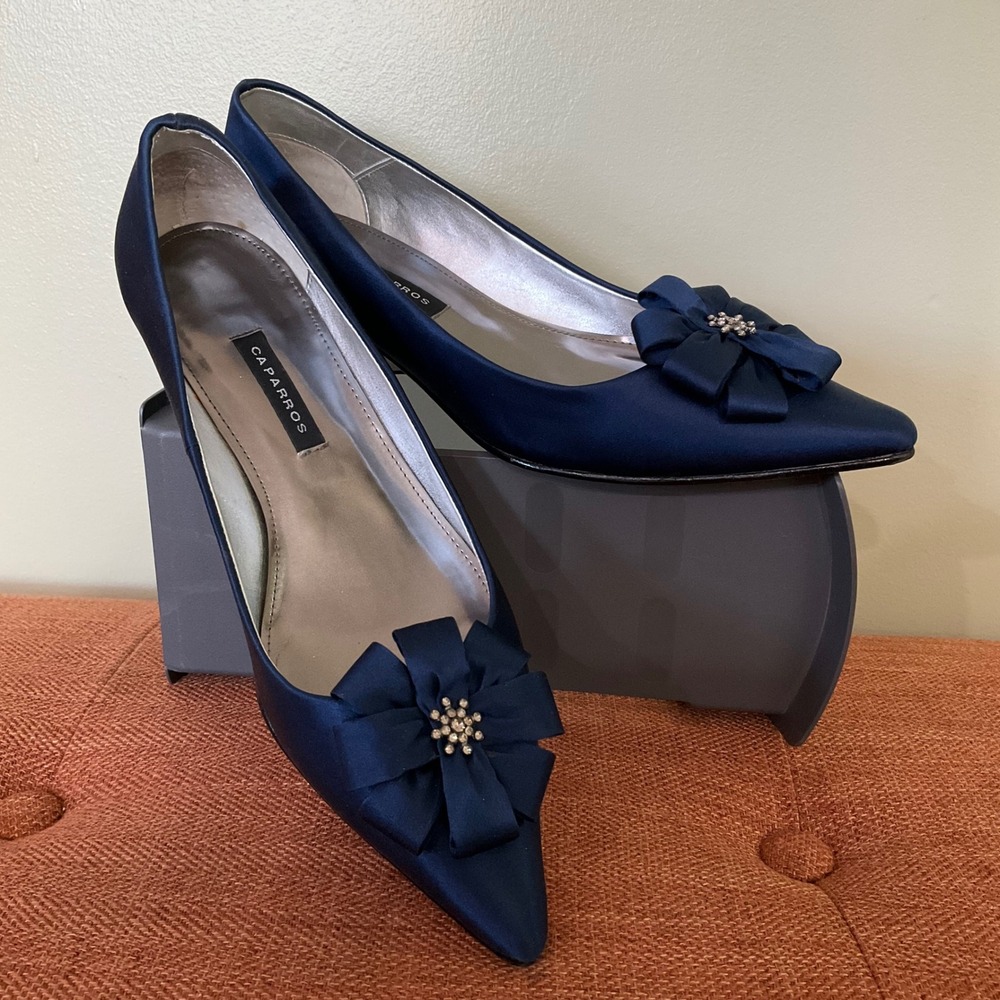 Caparros Nixie Navy Blue Satin Rosette Kitten Heel Pumps Marine Silk 7.5 W/Box